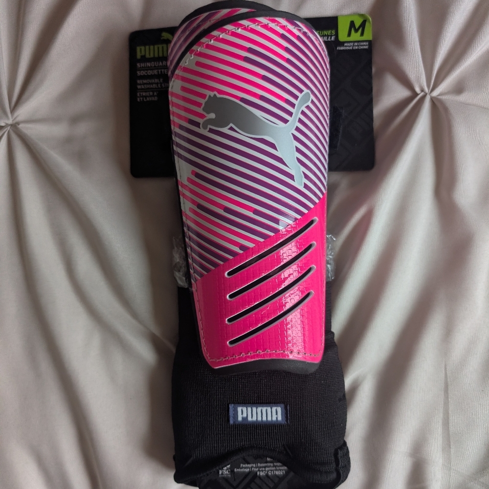 NWOT Puma Pink and Black Striped Shin Guards